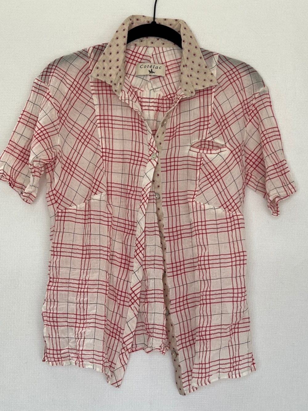 Cotelac Crinkle Plaid Polka Dot Short Sleeve Button Down Blouse Cotton Linen S
